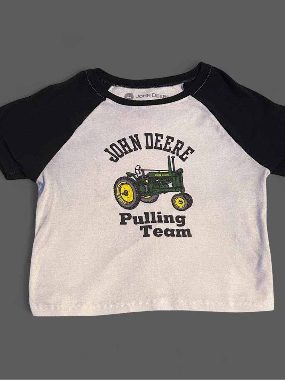 John Deere White Tee with Black Raglan Sleeves and Green Tractor Graphic